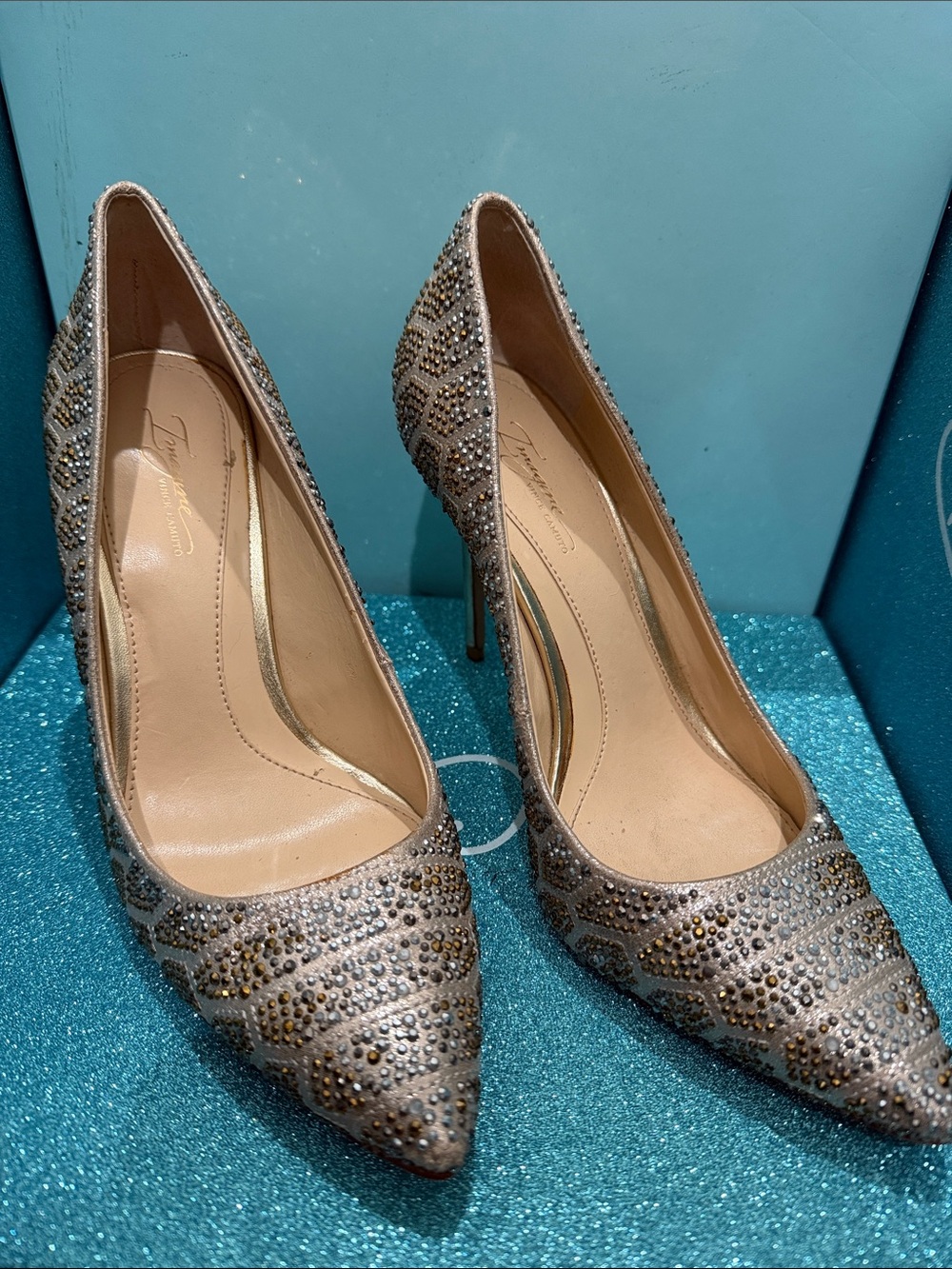 Vince Camuto Silver and Gold Embellished Pointed-Toe Pumps